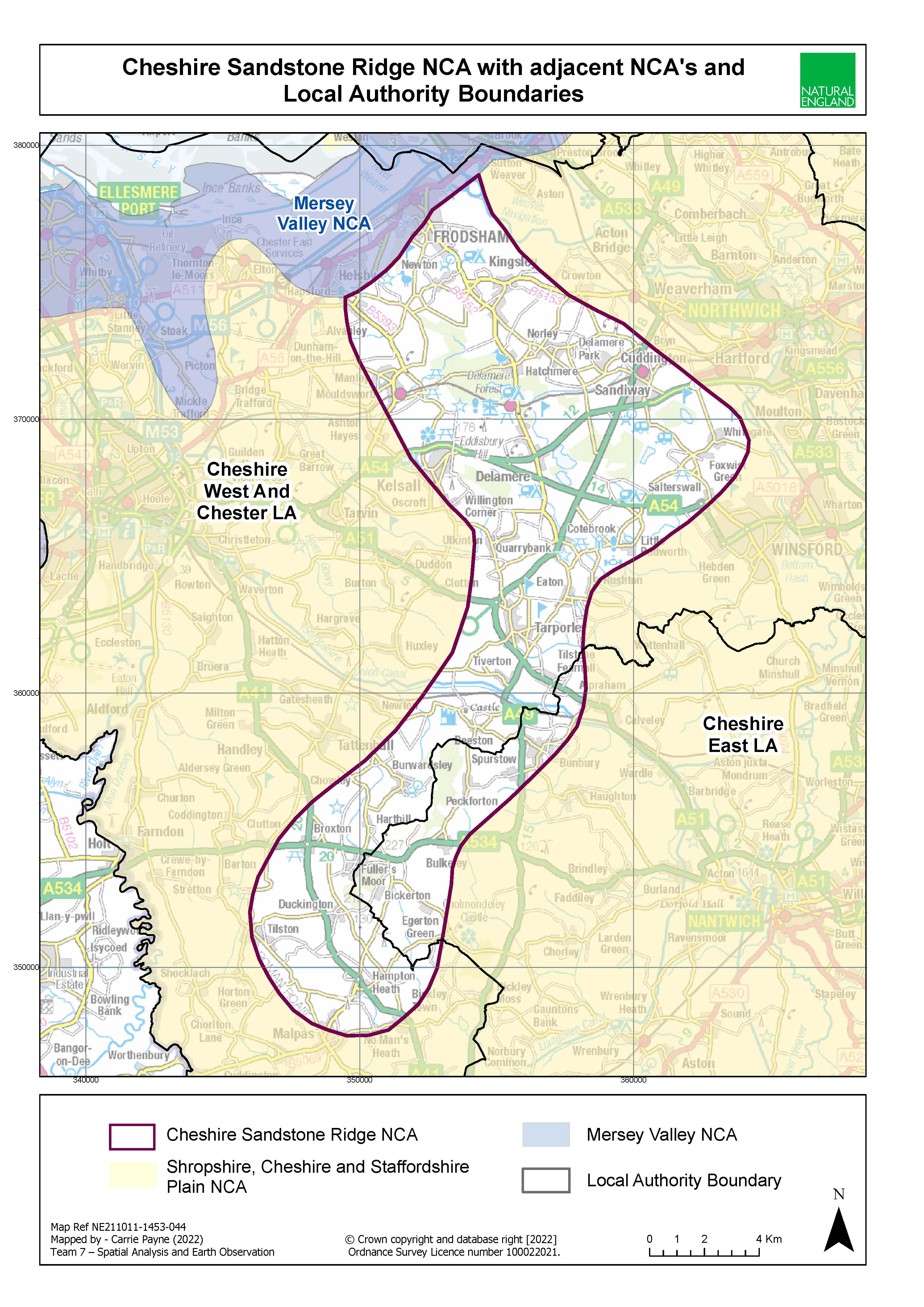 Map showing the Cheshire Sandstone Ridge National Character Area (NCA) outlined in purple, surrounded by the Mersey Valley NCA to the north, highlighted in light blue, and the Shropshire, Cheshire and Staffordshire Plain NCA to the east, west, and south, highlighted in yellow. Black lines indicate local authority boundaries.